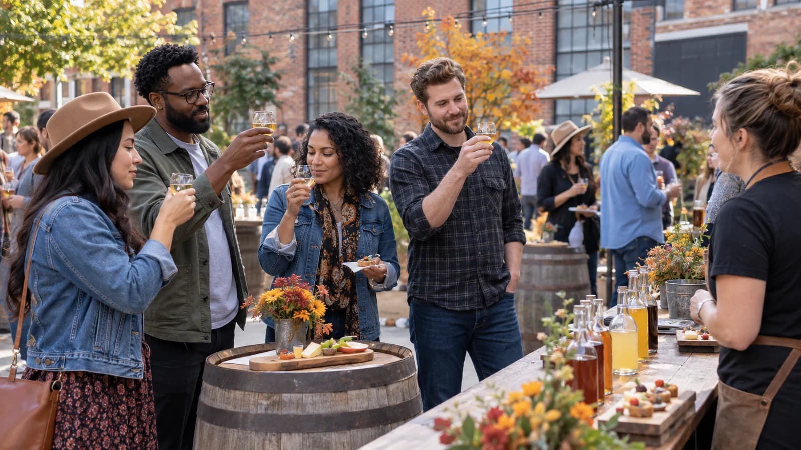 Original editorial scene of adults responsibly comparing small cider pours at an outdoor Brooklyn tasting festival