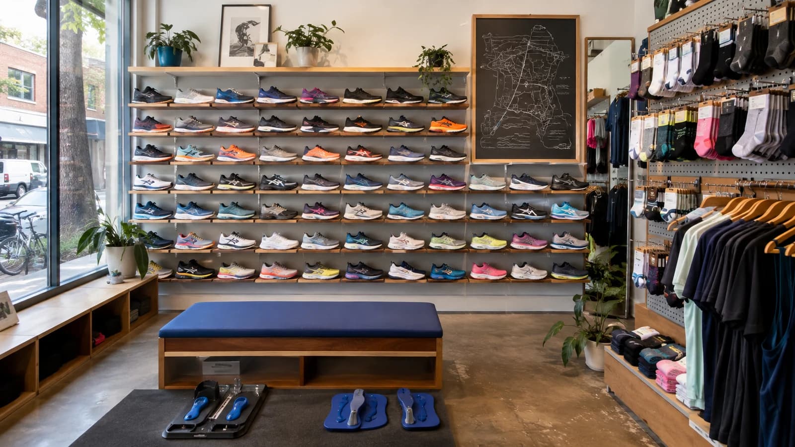 Independent Brooklyn running shop with shoe wall, apparel, fitting bench, and route board