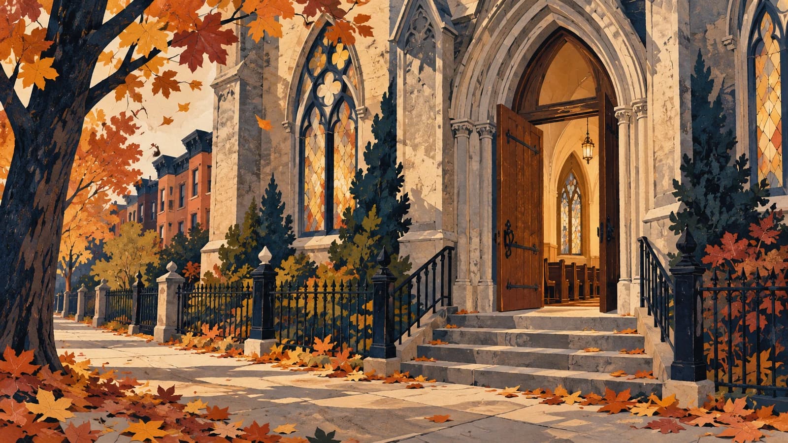 Conceptual editorial illustration: an open door and Gothic church windows