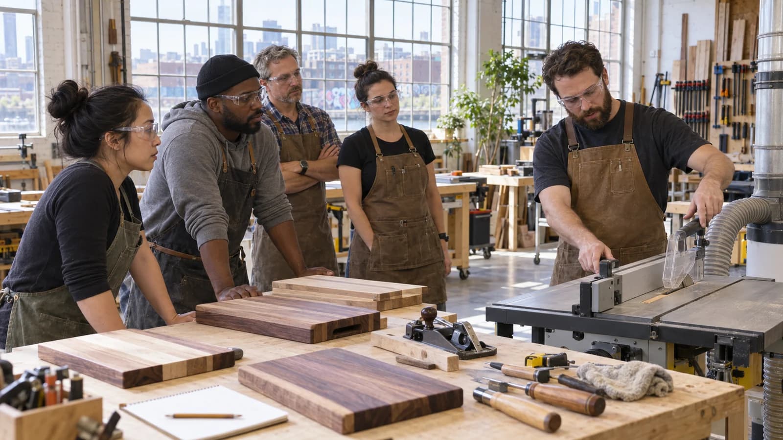 Original editorial image of adults learning safe woodworking in a bright Gowanus community shop