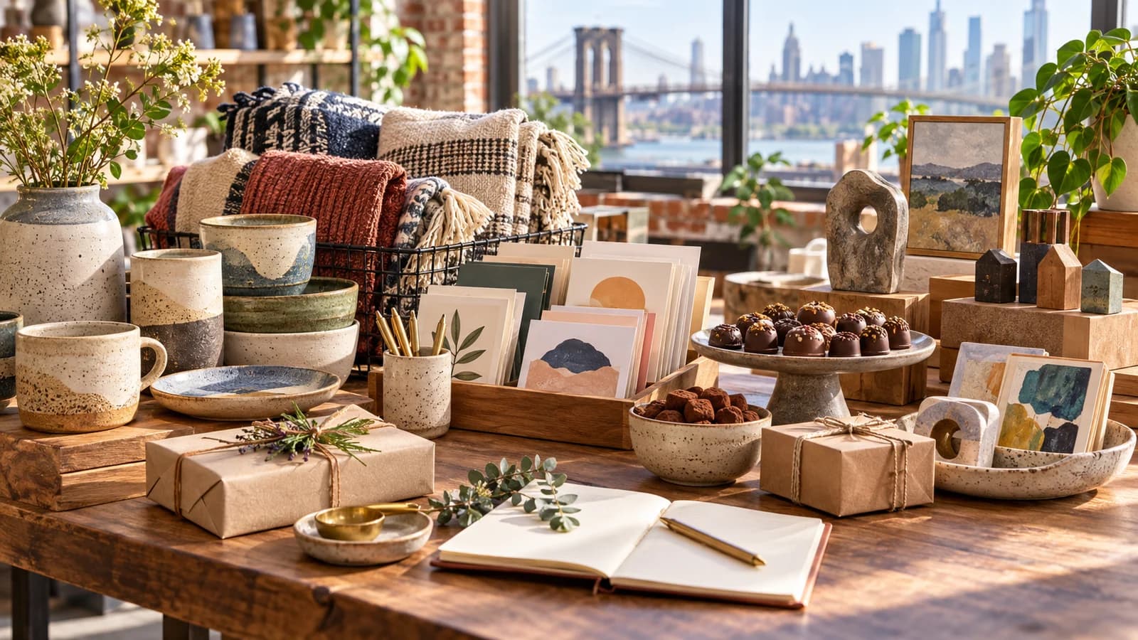 Brooklyn maker gift table with ceramics, textiles, stationery and chocolate