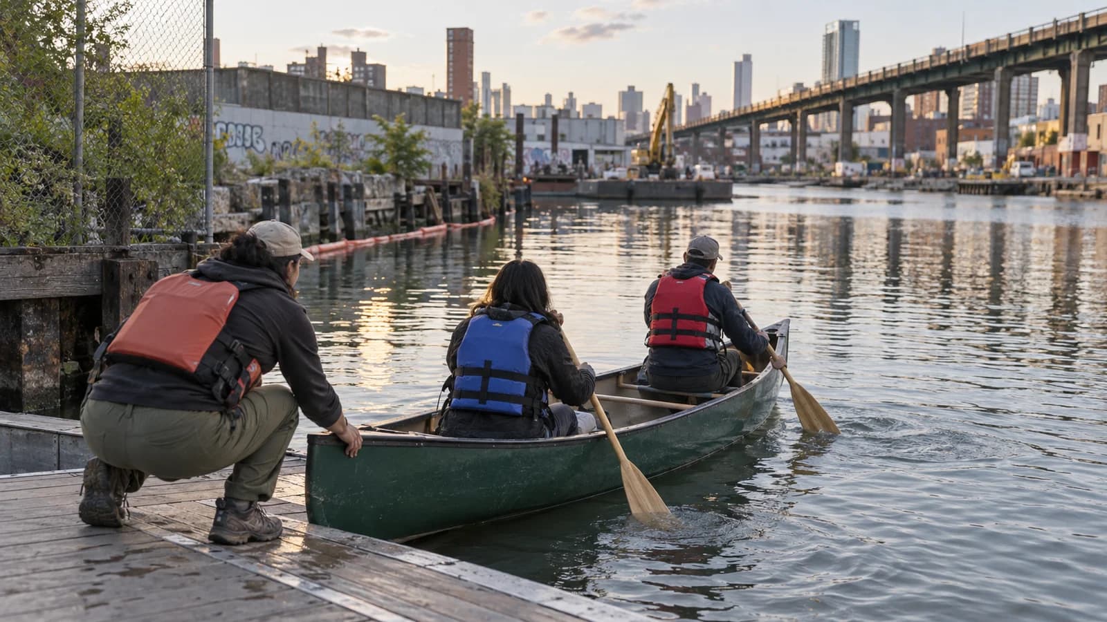 Original editorial image of life-jacketed community paddlers launching a canoe with a volunteer on the industrial Gowanus Canal