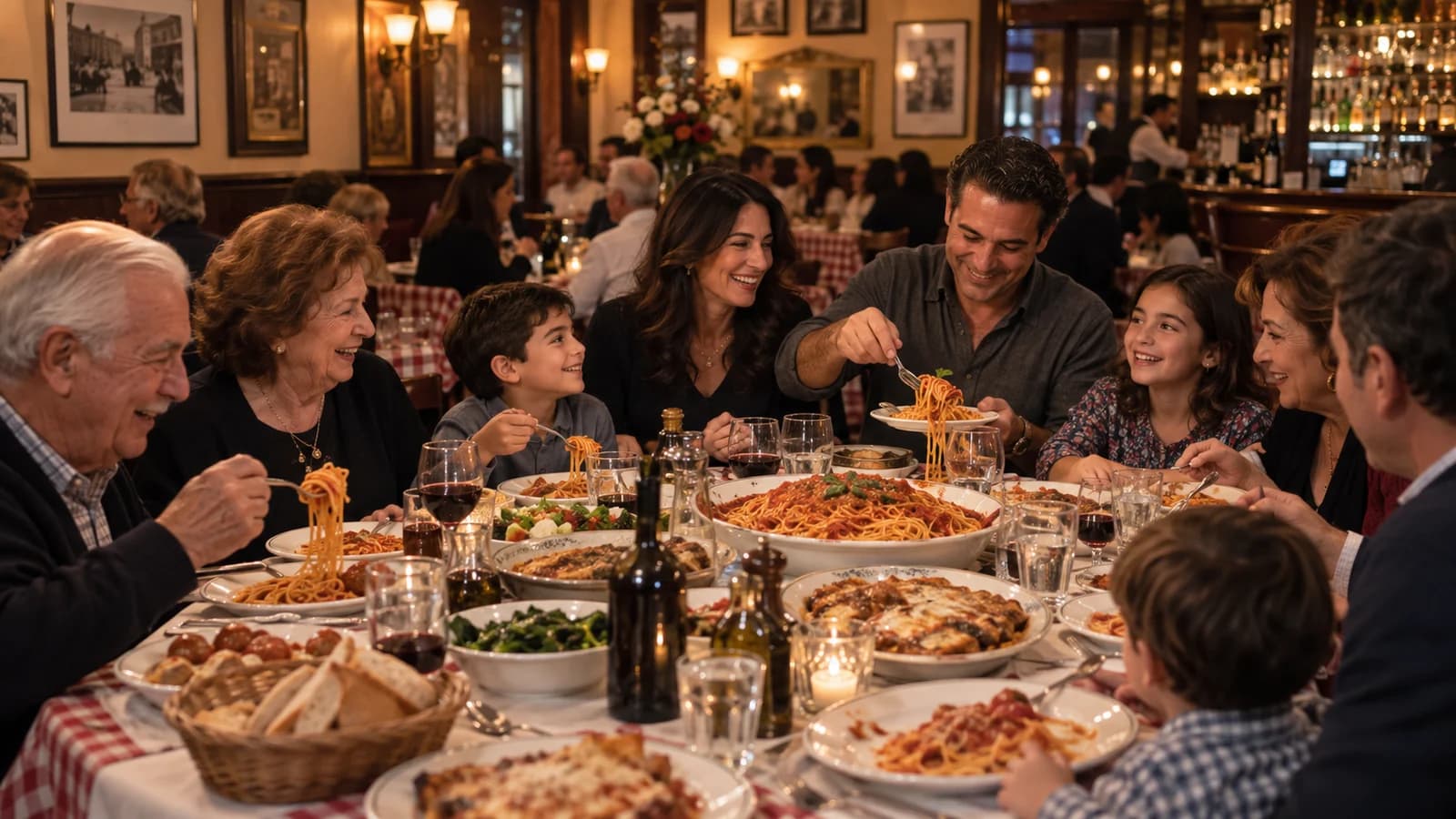 Original editorial image of several generations sharing generous Italian-American dishes in a warm Bay Ridge restaurant