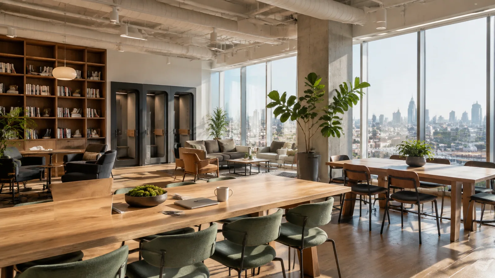 Bright high-floor coworking lounge with shared tables, phone booths, plants, and skyline windows
