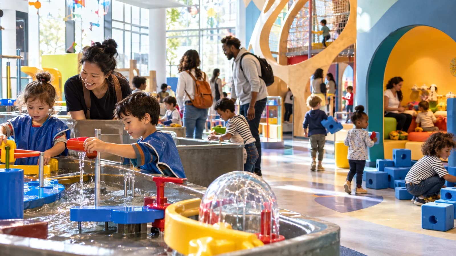 Original editorial scene of families exploring colorful hands-on water and building activities in a children’s museum