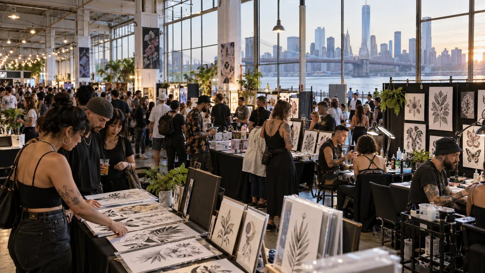 Original editorial scene of visitors comparing artwork and consulting artists inside a large Brooklyn tattoo convention hall