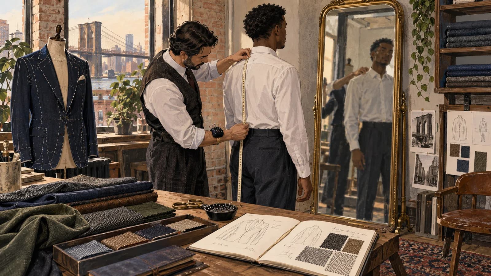 Original editorial illustration of a tailor measuring a client during a custom fitting in a Brooklyn studio.