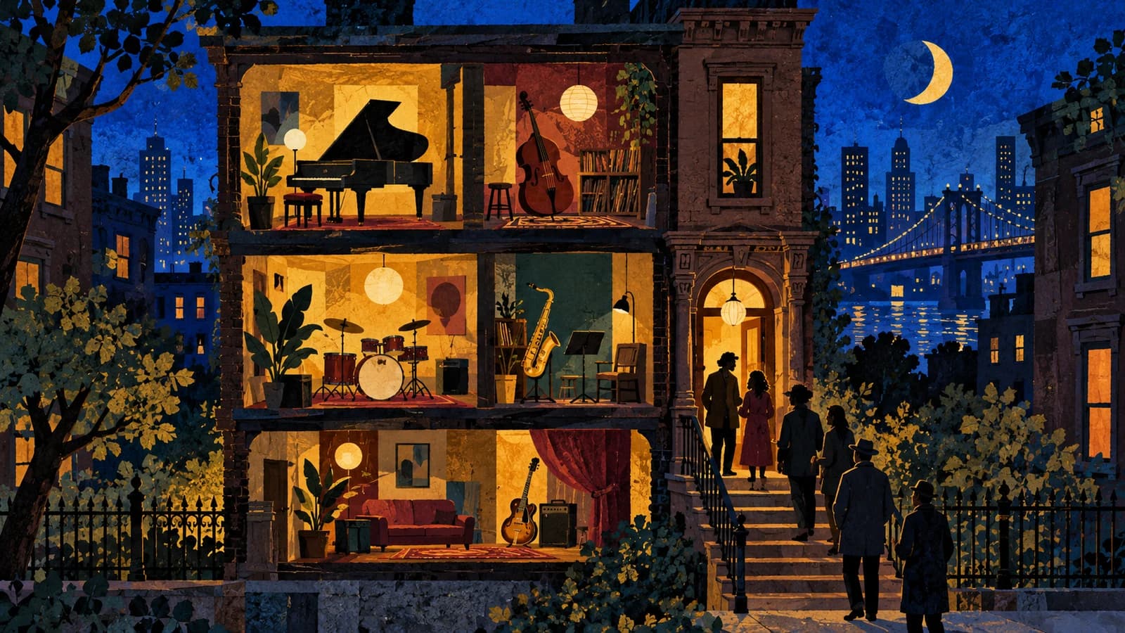 Conceptual editorial illustration for BKCM House Party: Plan a Night Inside the Music-Filled Mansion; not a photograph or documentary depiction of a venue.