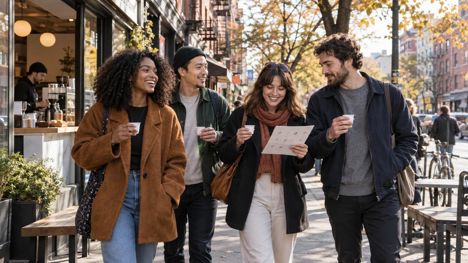 Original editorial scene of friends carrying tasting cups and a route card along a Brooklyn commercial avenue