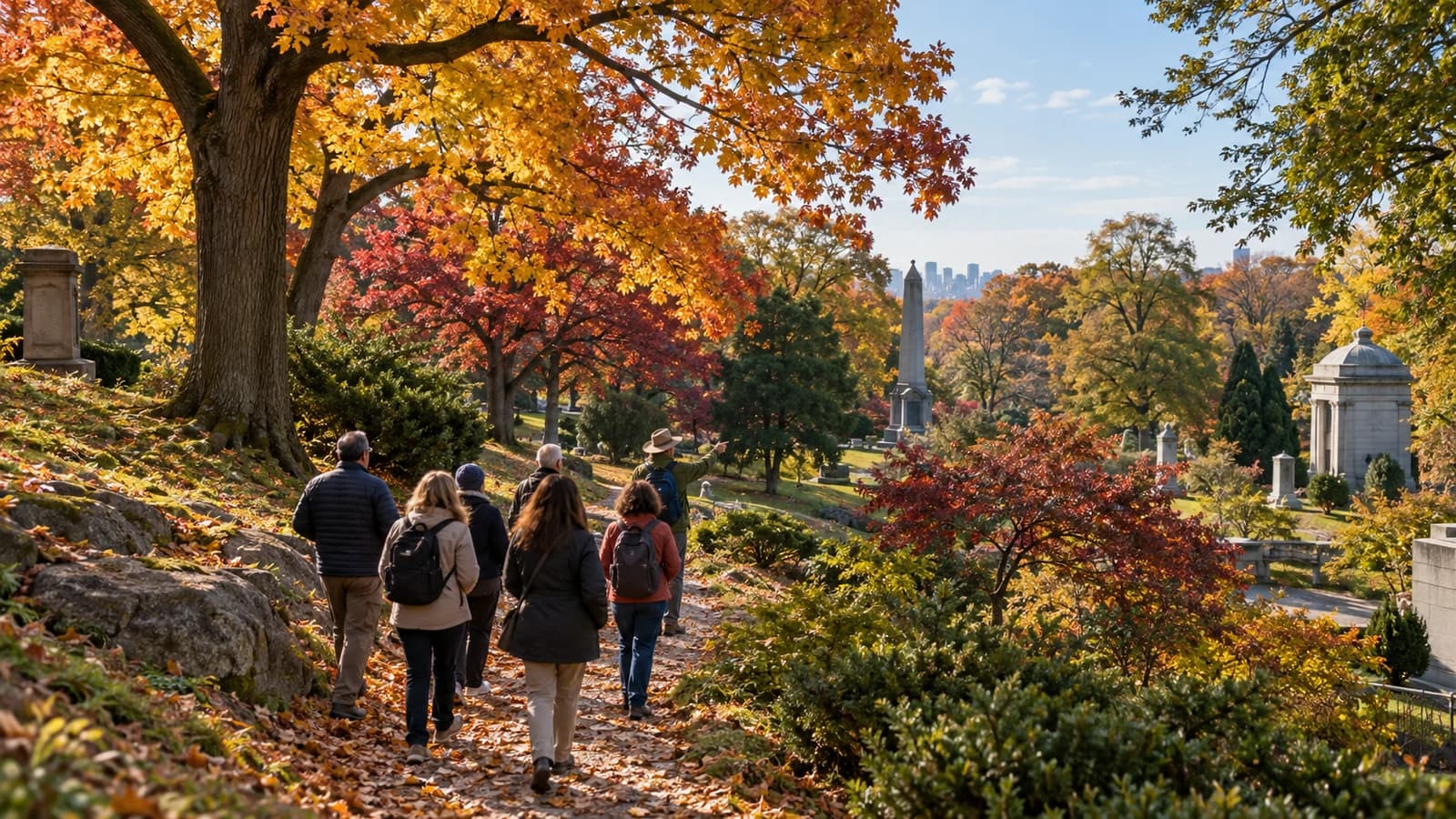 Original editorial scene of a small guided group walking a hilly arboretum path beneath vivid autumn trees
