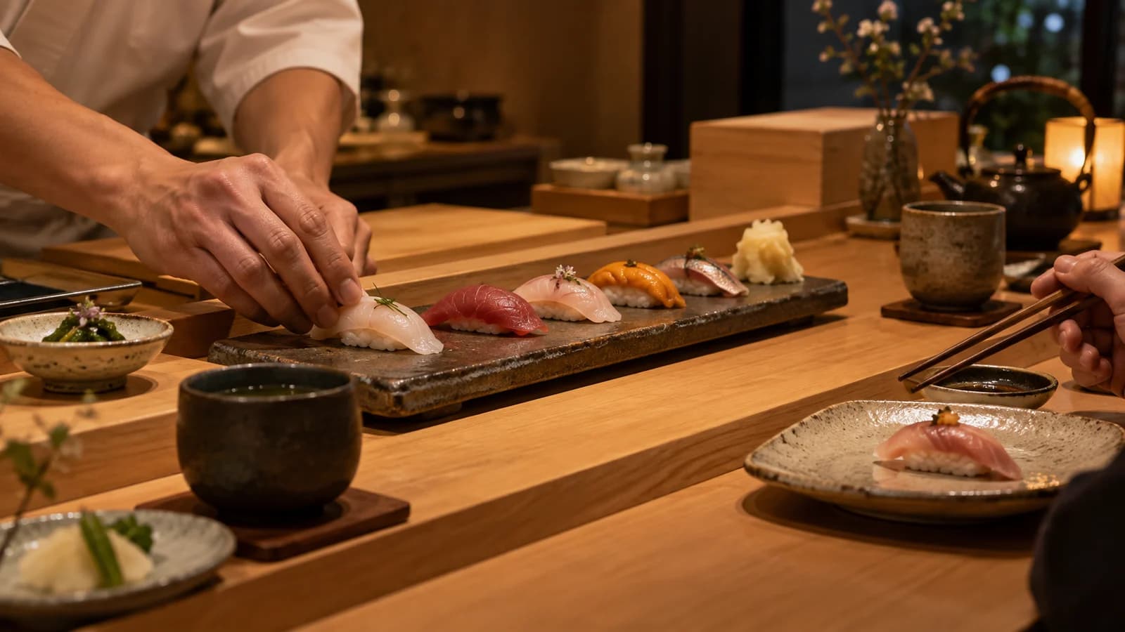 A chef placing seasonal nigiri at an intimate wood sushi counter with tea service