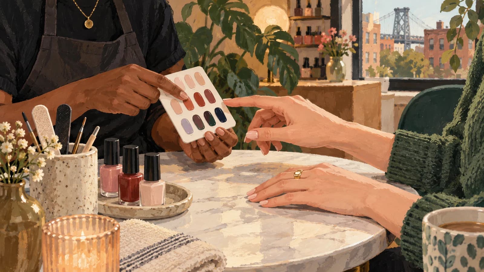 Conceptual editorial illustration of nail salon planning in Brooklyn; not a documentary depiction of the venue.