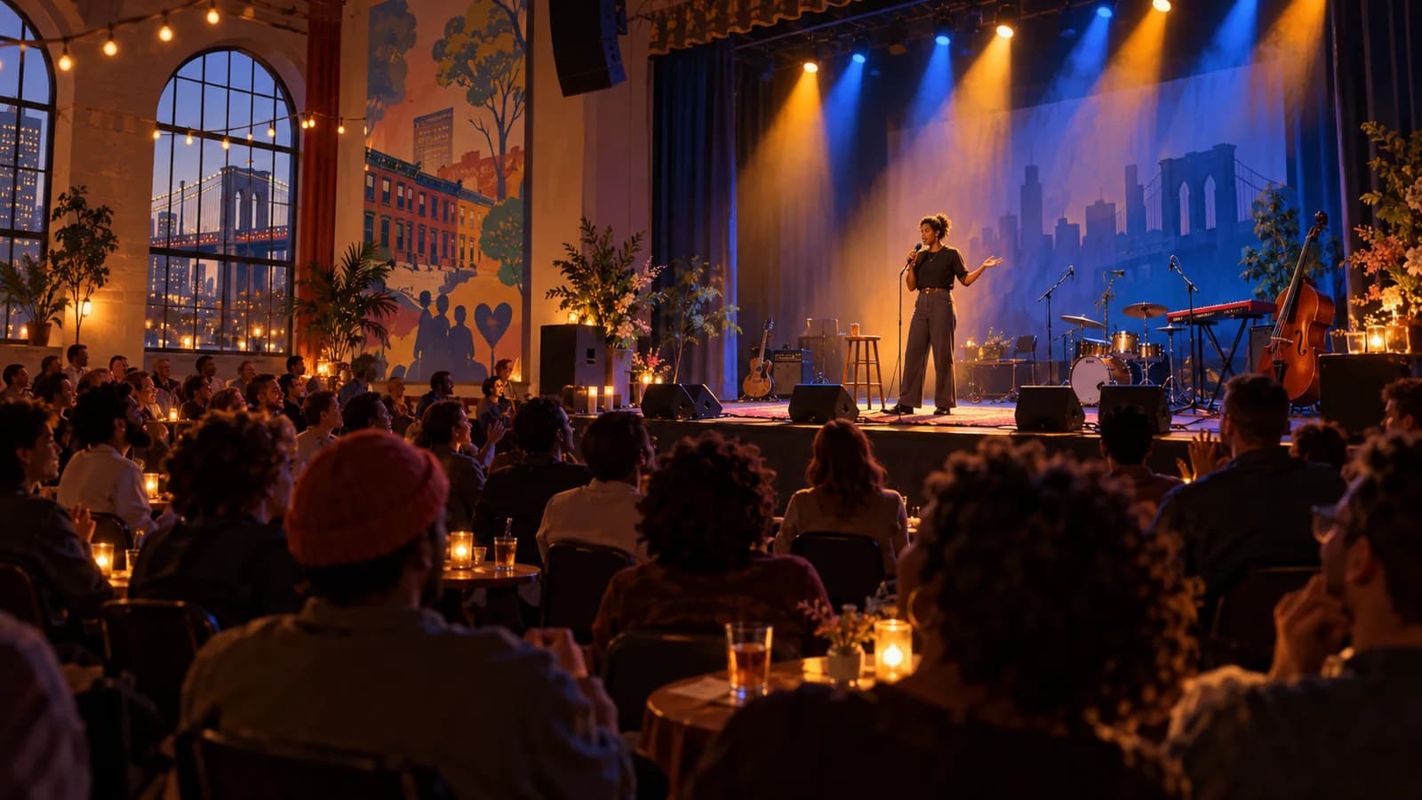 Editorial illustration of a comedy and live-music benefit onstage before an audience in a Brooklyn cultural hall.