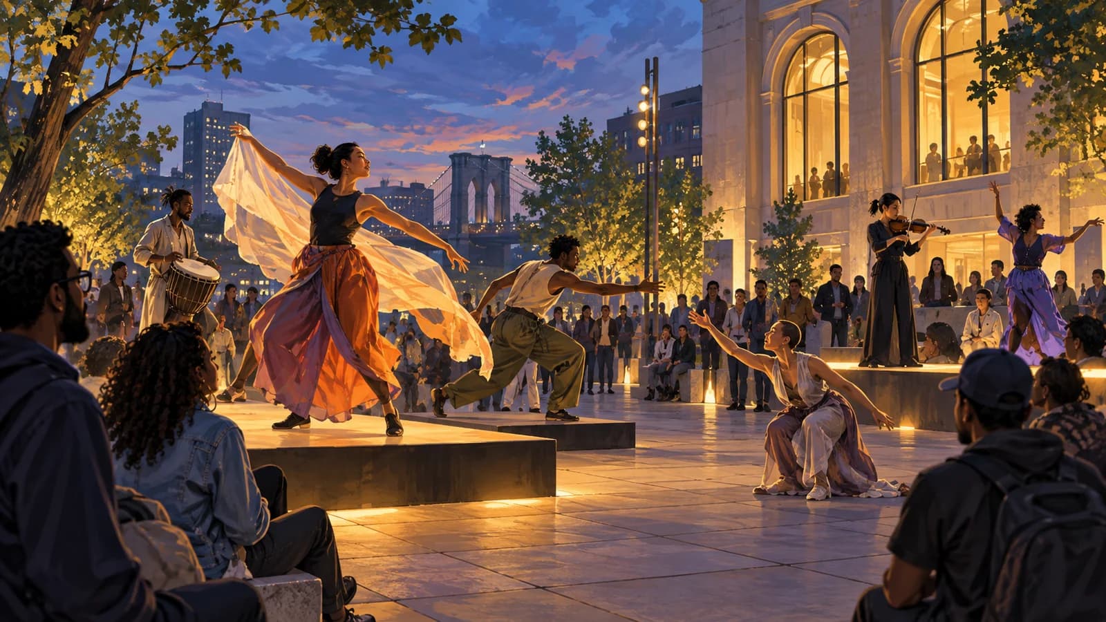 Original editorial illustration of performers creating a free outdoor theater scene on a Brooklyn arts plaza at dusk.