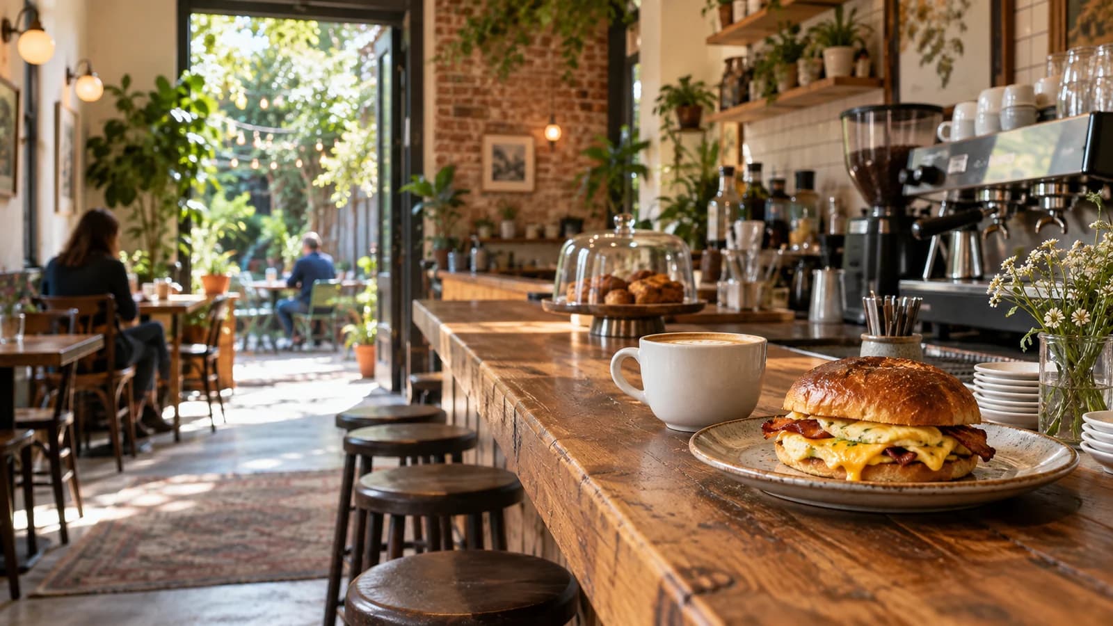 Coffee and an egg breakfast sandwich on a wooden counter in a sunlit Greenpoint-style cafe with a leafy backyard