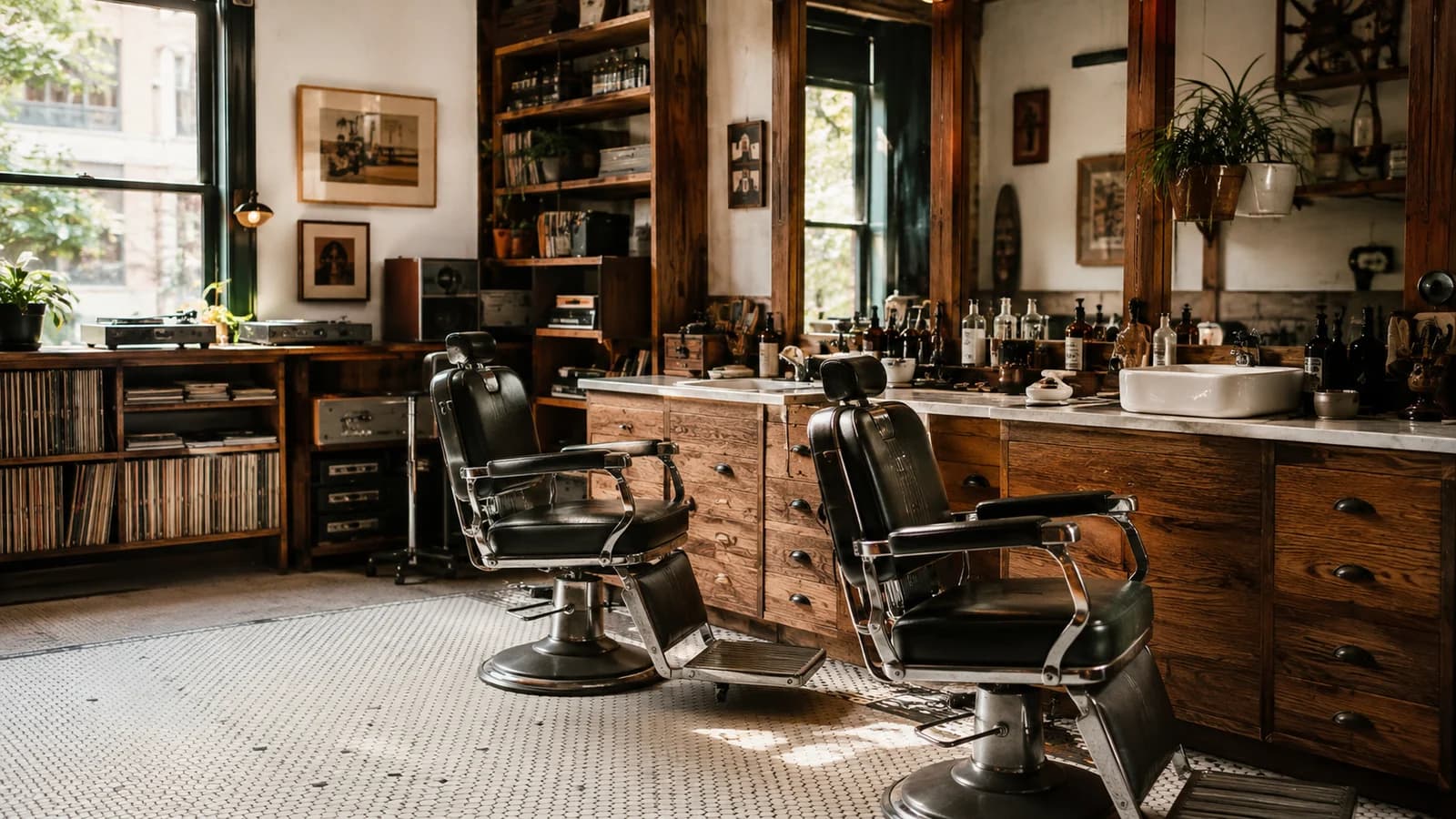 Warm Brooklyn barbershop with vintage chairs, wood cabinetry, mirrors, and a record nook