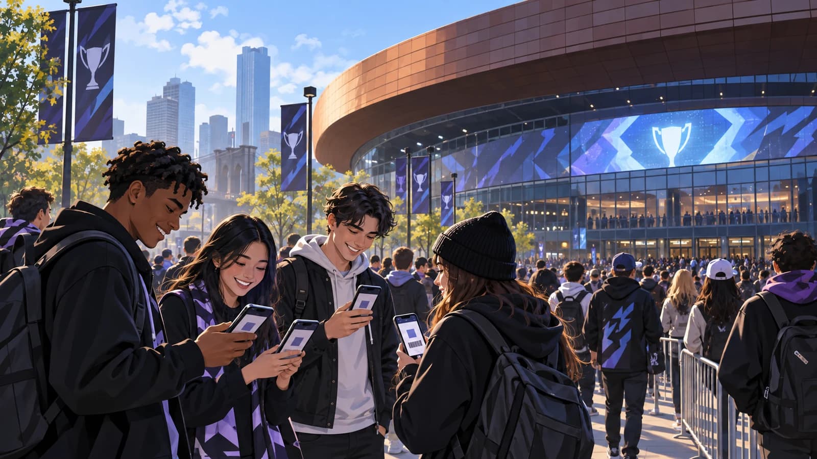 Original editorial scene of esports fans checking generic mobile tickets outside a Brooklyn arena before a championship final