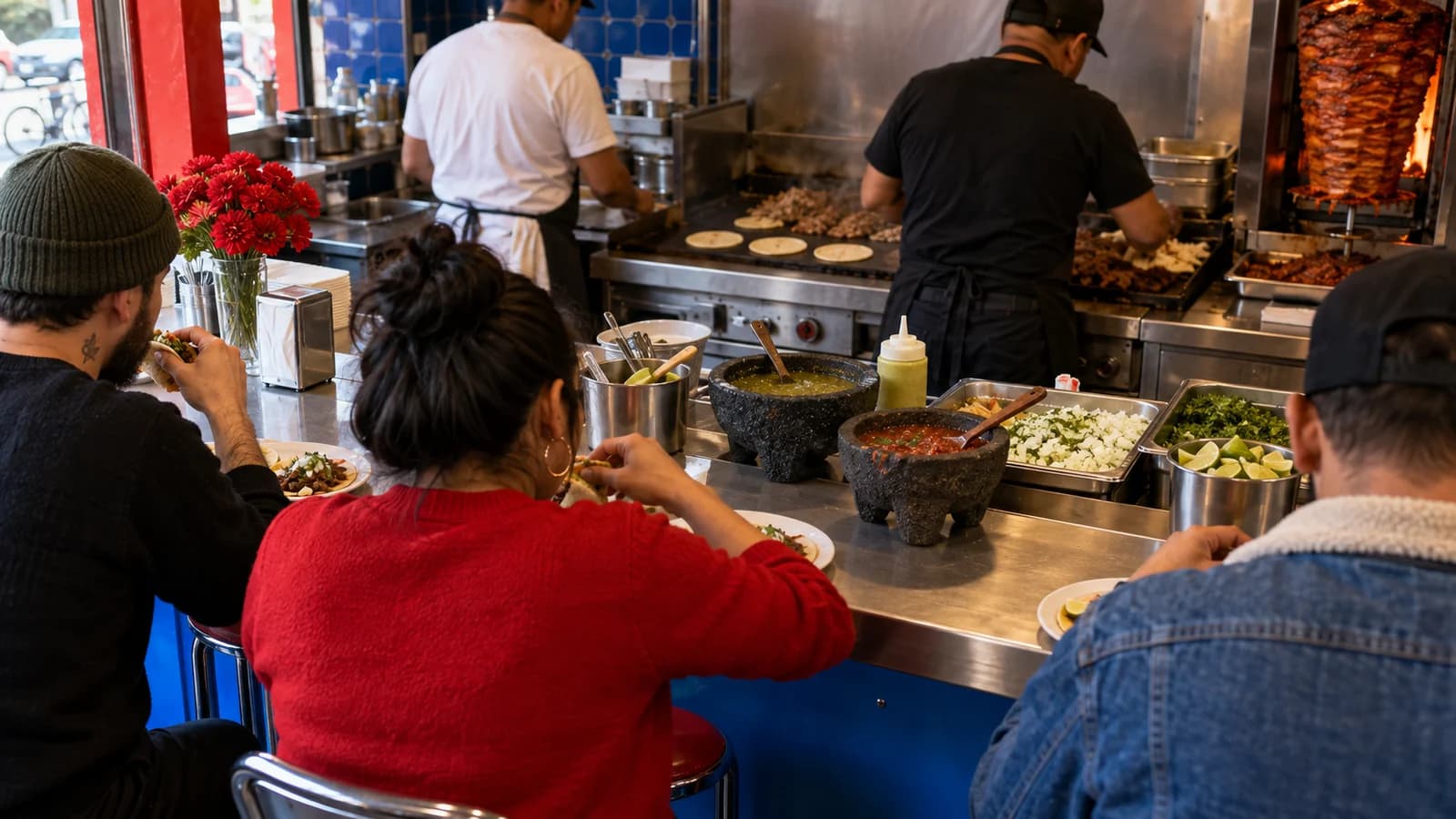 A compact Greenpoint taqueria counter with small tacos, salsa vessels and tortillas warming on a griddle