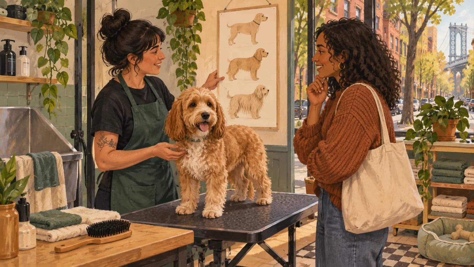 Conceptual editorial illustration of dog grooming place planning in Brooklyn; not a documentary depiction of the venue.