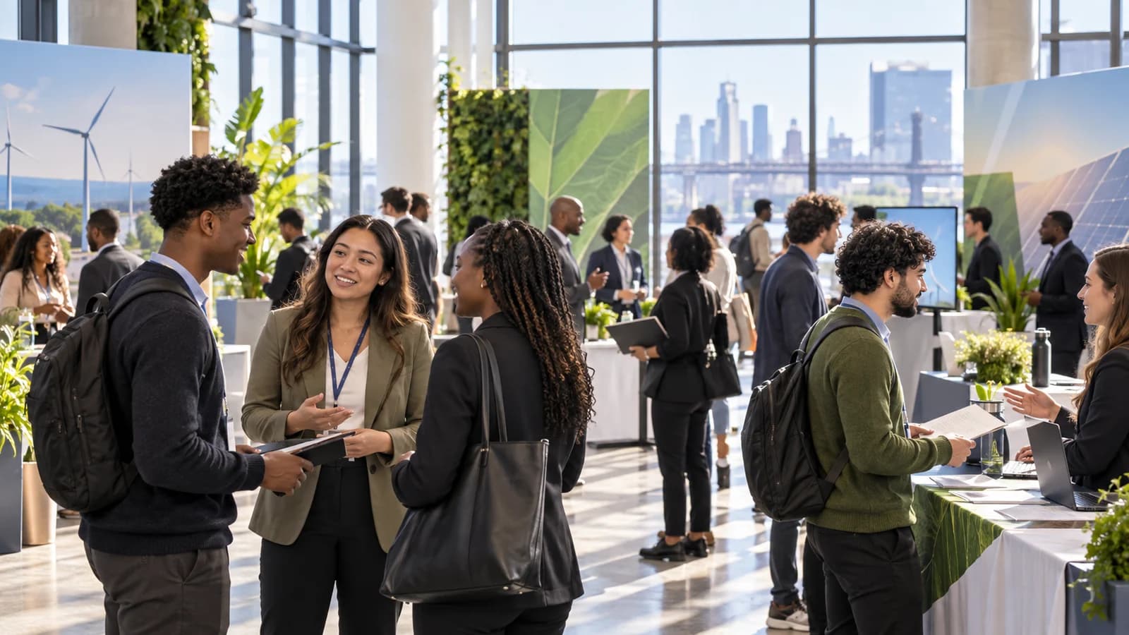 Original editorial illustration of Brooklyn job seekers networking with clean-energy training and employment organizations