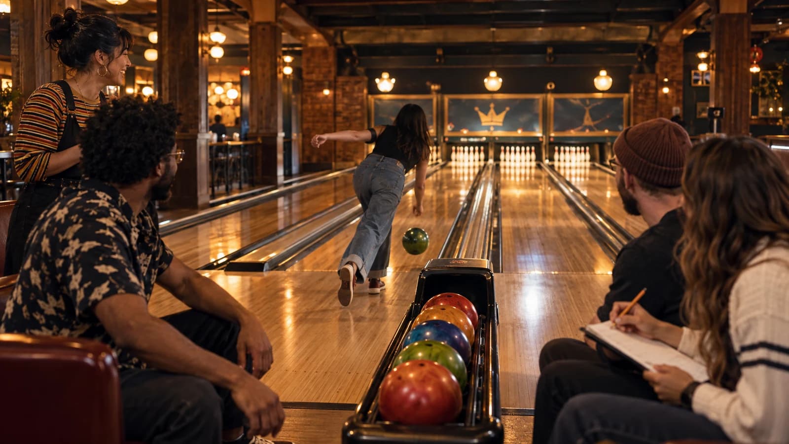 Original editorial scene of friends taking turns on polished lanes during a classic neighborhood bowling night