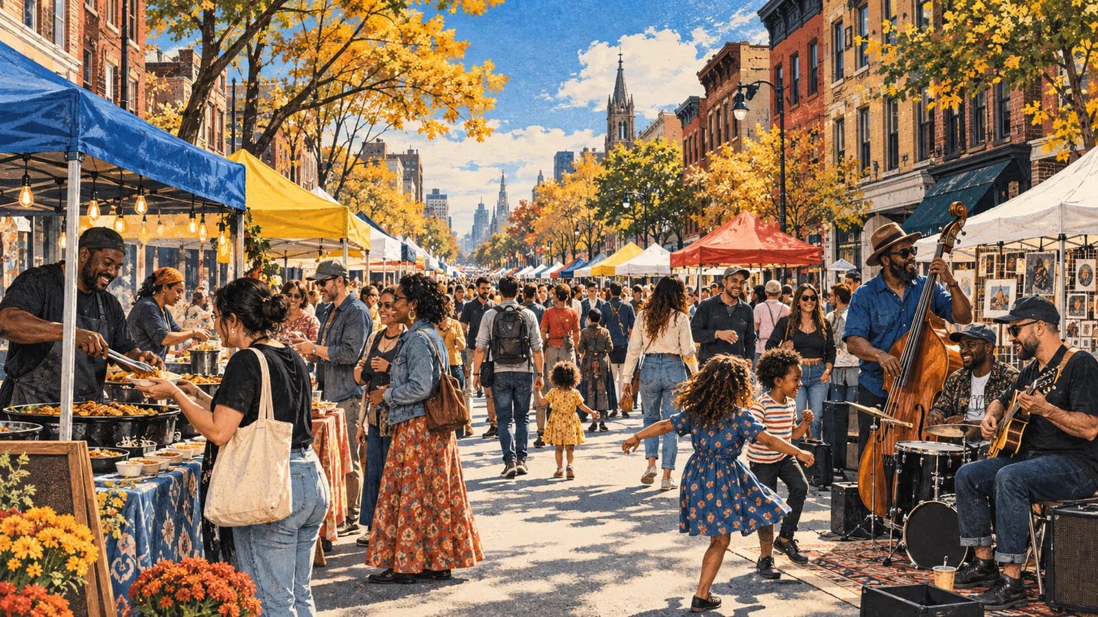 Families, musicians and food vendors filling Atlantic Avenue during a lively fall street festival