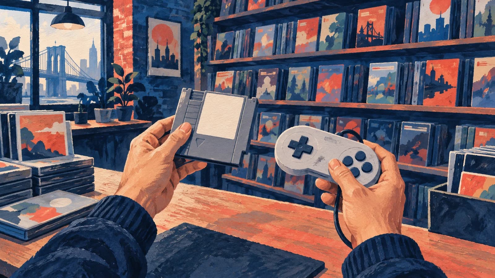 Conceptual editorial illustration for Brooklyn Video Games; not a documentary depiction of the venue or event.