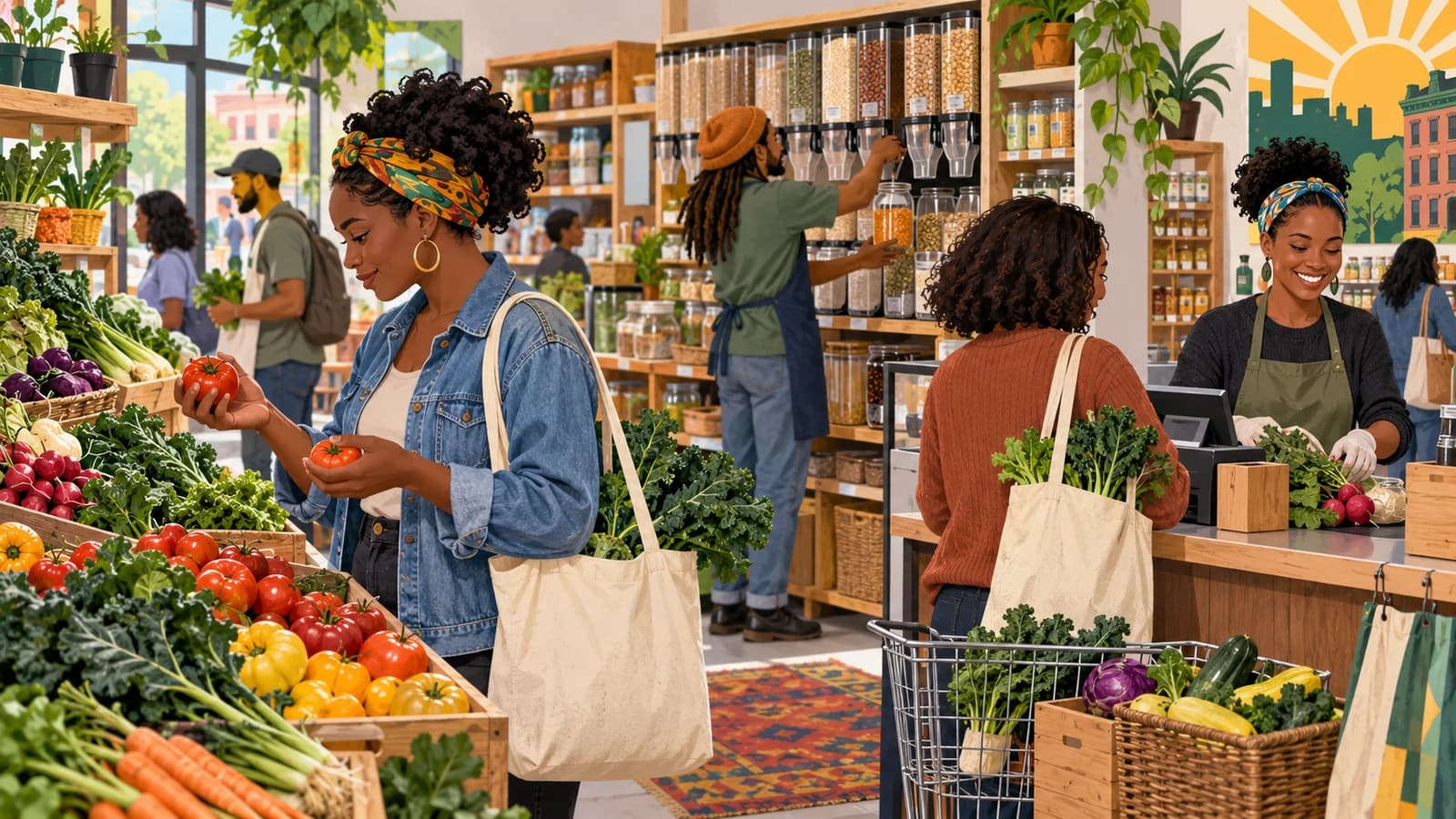 Illustration of shoppers and member-owners at a cooperative grocery with produce, bulk bins and reusable bags.