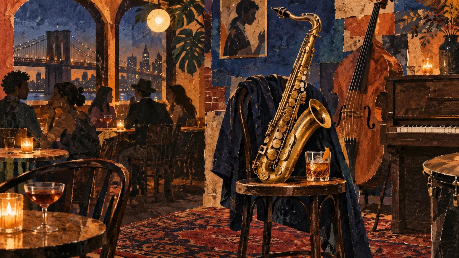 Conceptual editorial illustration of bar planning in Brooklyn; not a documentary depiction of Barbès.