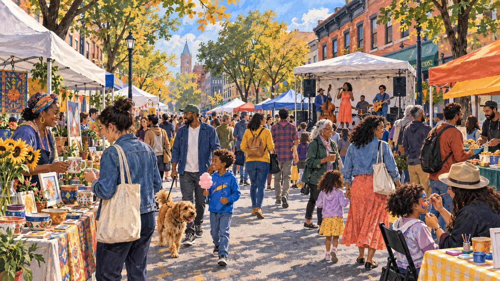 Families, musicians and local vendors filling a tree-lined Flatbush street during a fall community fair