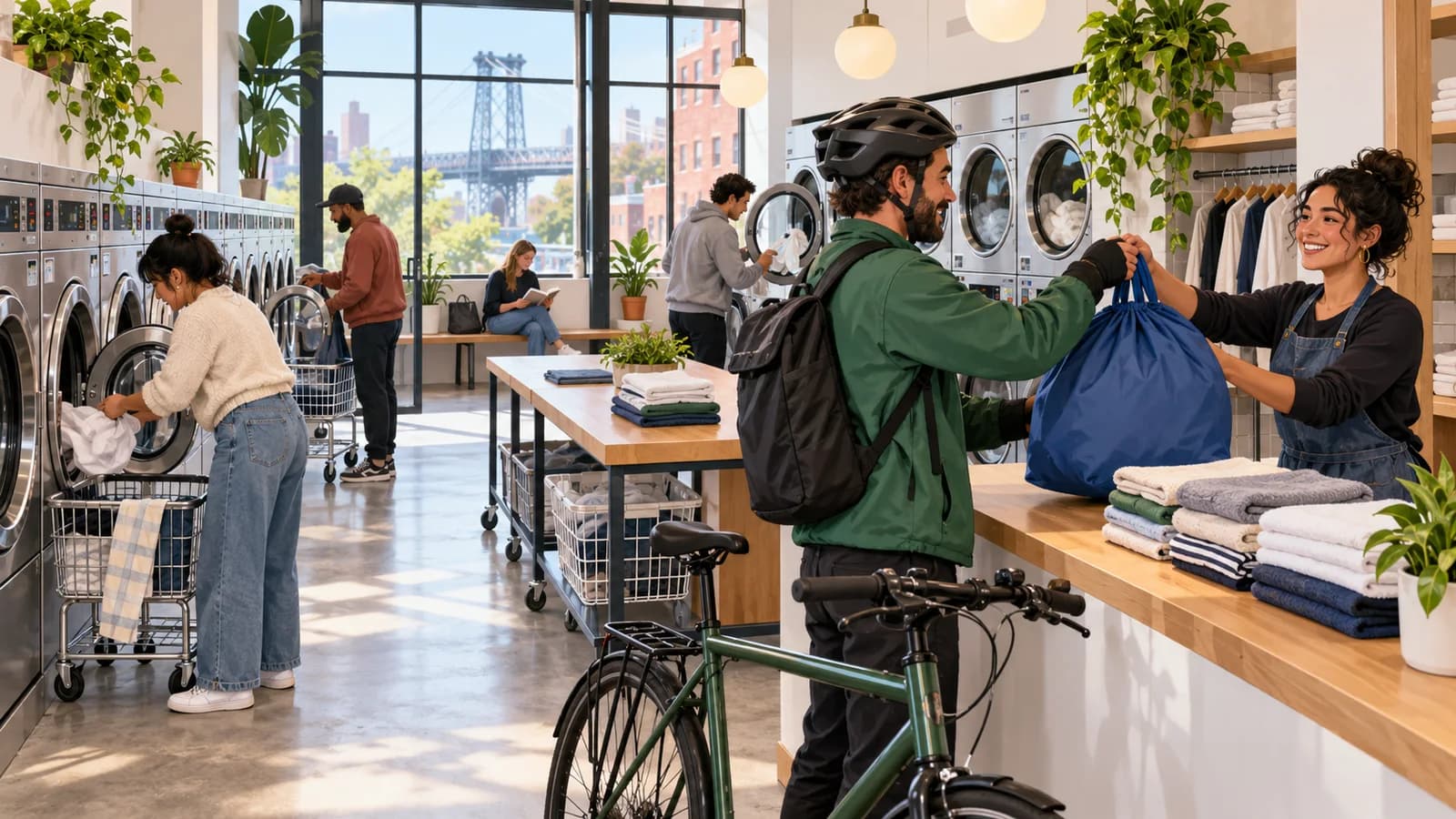 Editorial illustration of neighbors using washers, wash-and-fold service and bicycle pickup in a bright Williamsburg laundromat.