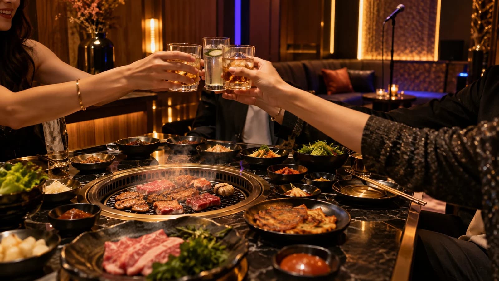 Original editorial scene of friends sharing Korean barbecue before a private karaoke celebration