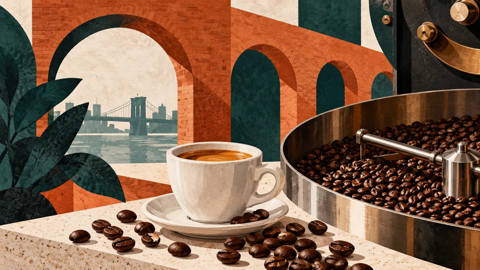 Conceptual editorial illustration for % Arabica DUMBO; original artwork, not a photograph of the venue.