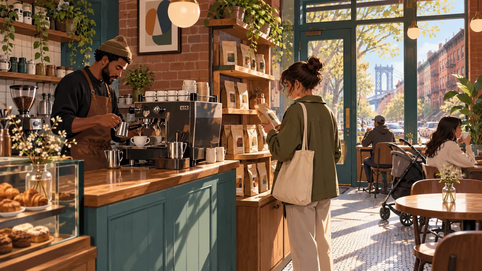 Illustration of a Brooklyn coffee shop with a barista pulling espresso while a customer compares bags of beans.