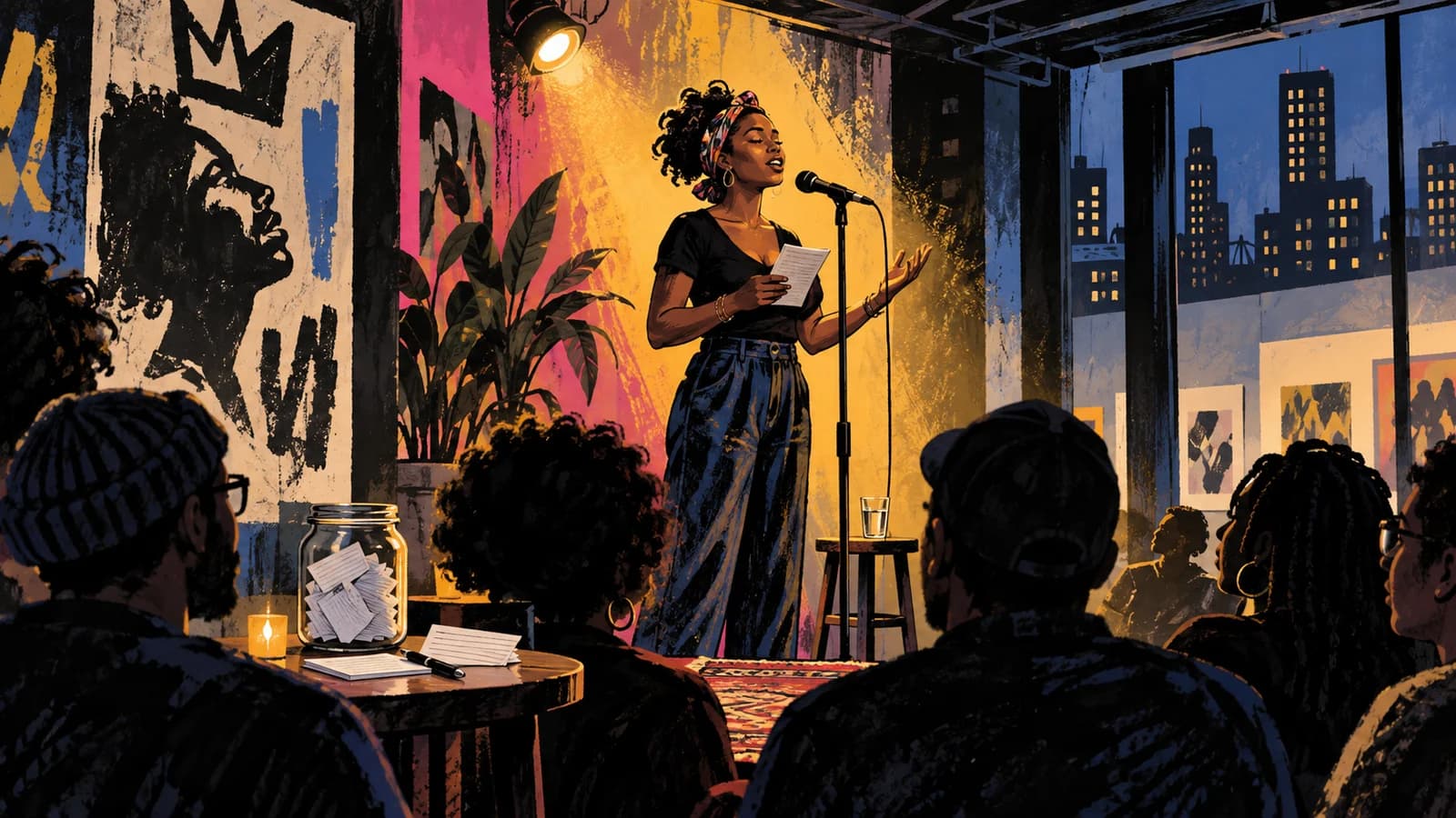 A poet performs at a microphone in an intimate Brooklyn arts venue while an audience listens.