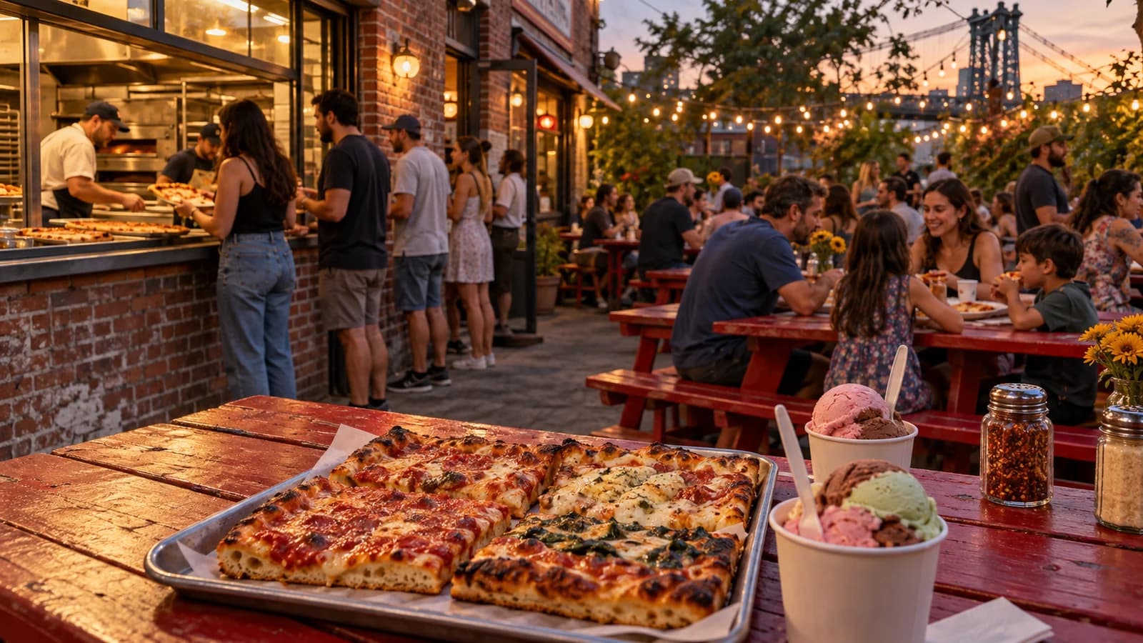 Original editorial image of square pizza, spumoni and families at red outdoor tables beside a classic southern Brooklyn pizzeria