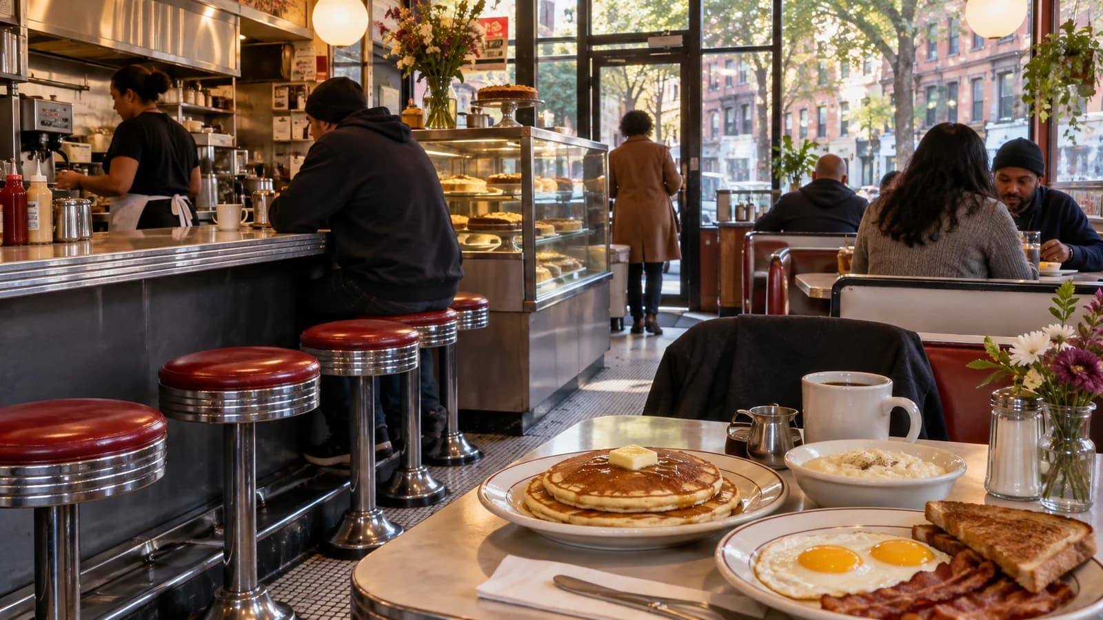 Original editorial illustration of breakfast plates, coffee, counter stools and morning regulars in a classic Clinton Hill diner