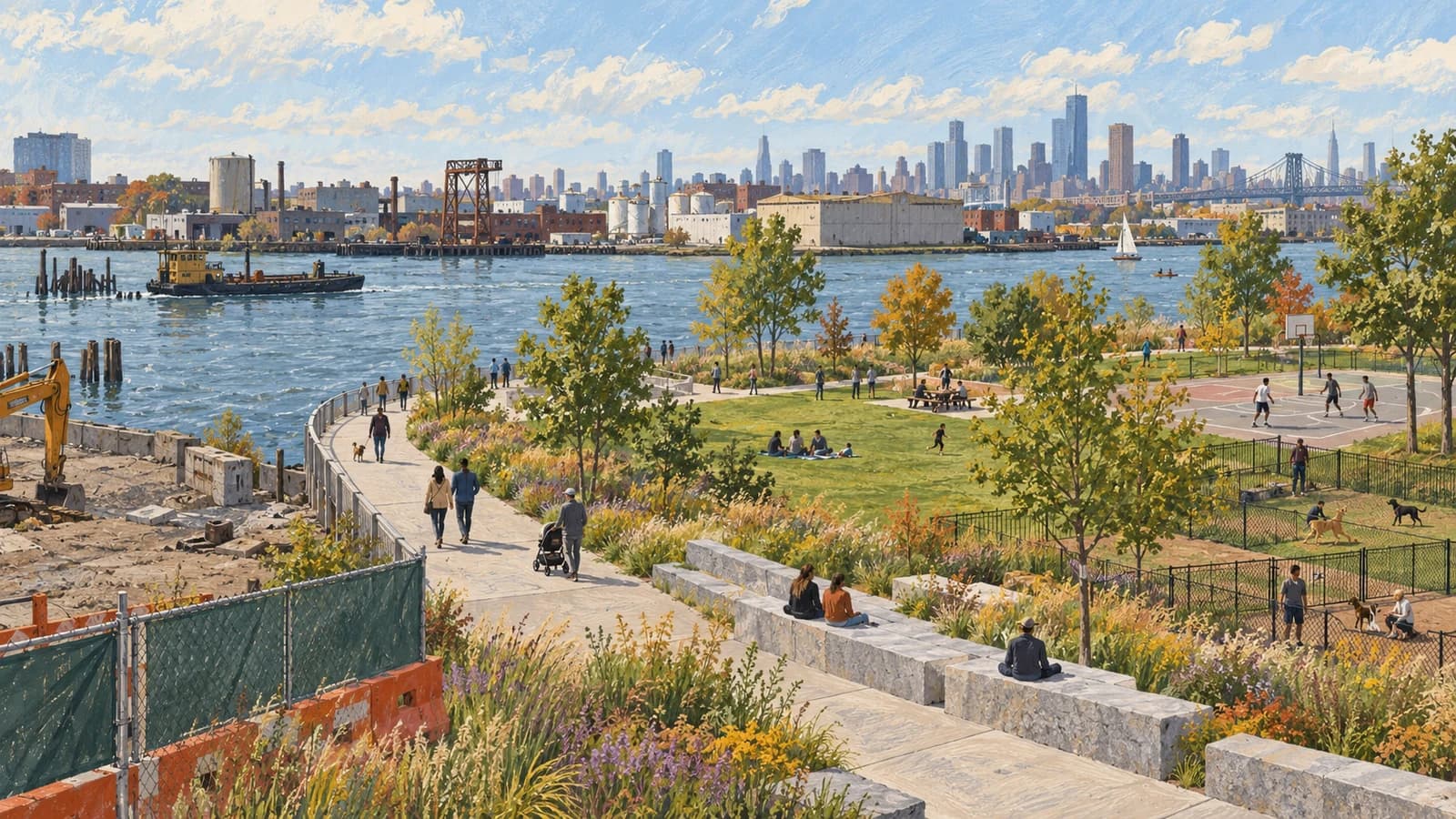 Conceptual editorial illustration of a future Greenpoint waterfront park with a lawn, native plantings, paths, seating, basketball and dog runs beside Newtown Creek.