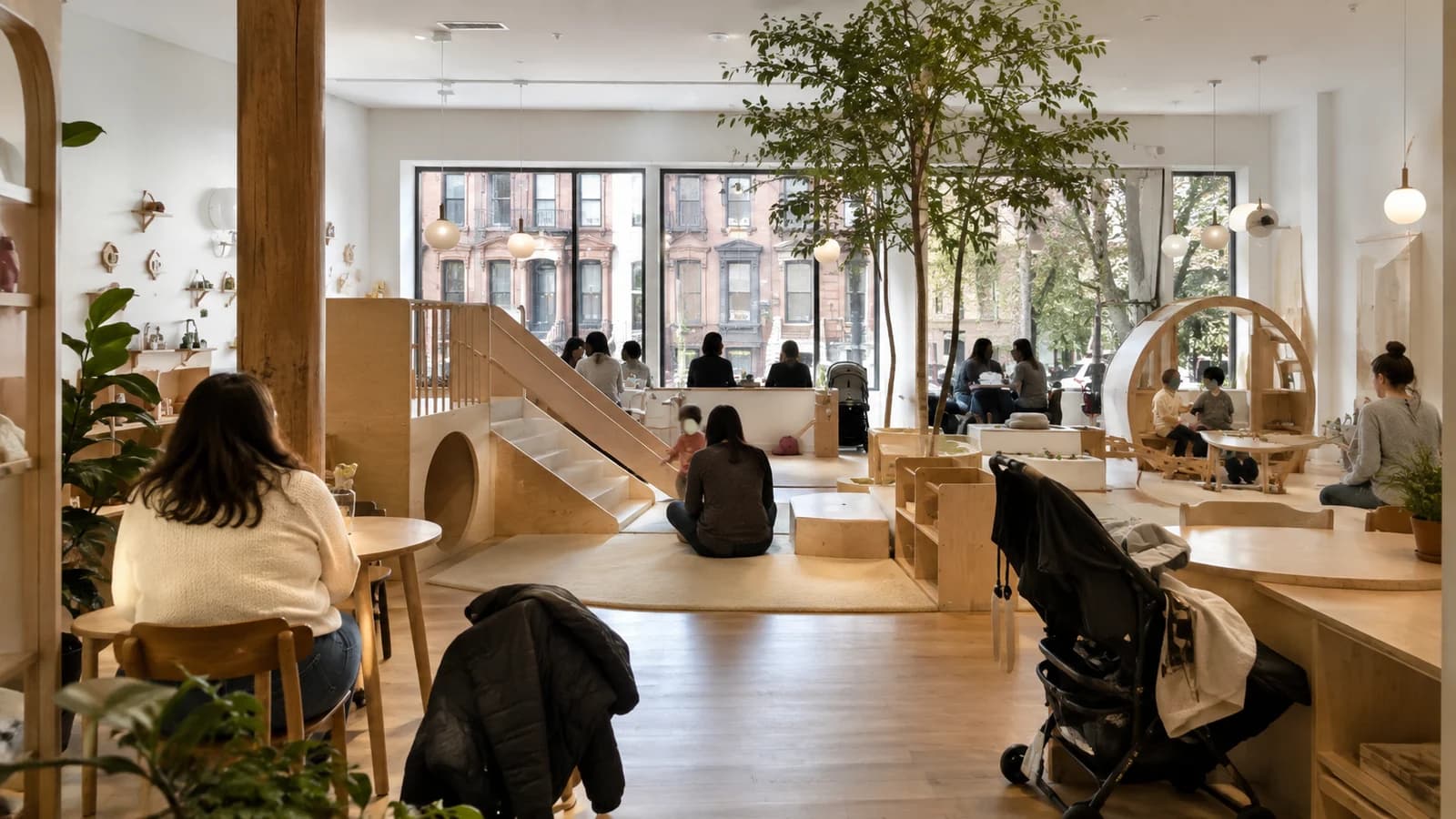 Calm indoor play café with pale wood play structures, caregiver seating, and stroller space