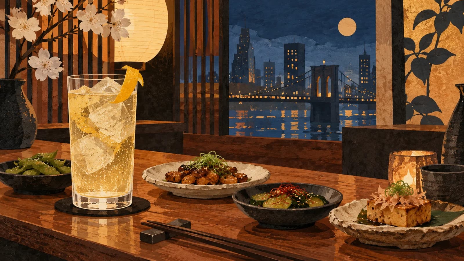 Conceptual editorial illustration for Bar Goto Niban; not a documentary depiction of the establishment.