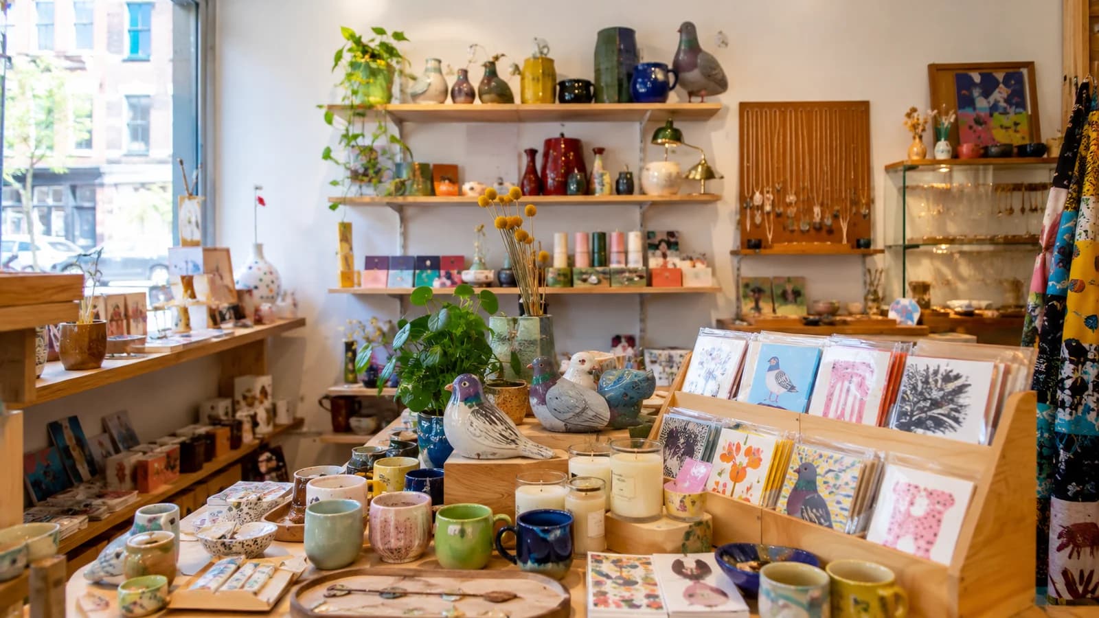 Colorful ceramics, cards, candles, jewelry, and art in a bright independent Greenpoint gift shop