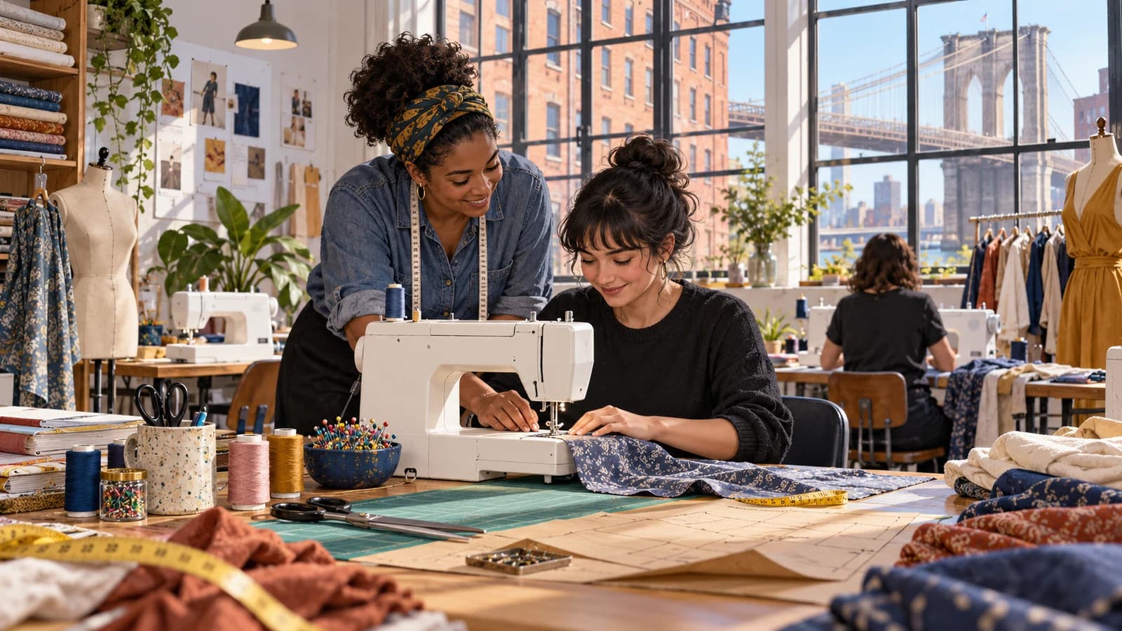 Illustration of a sewing instructor guiding a beginner at a machine in a bright DUMBO studio.