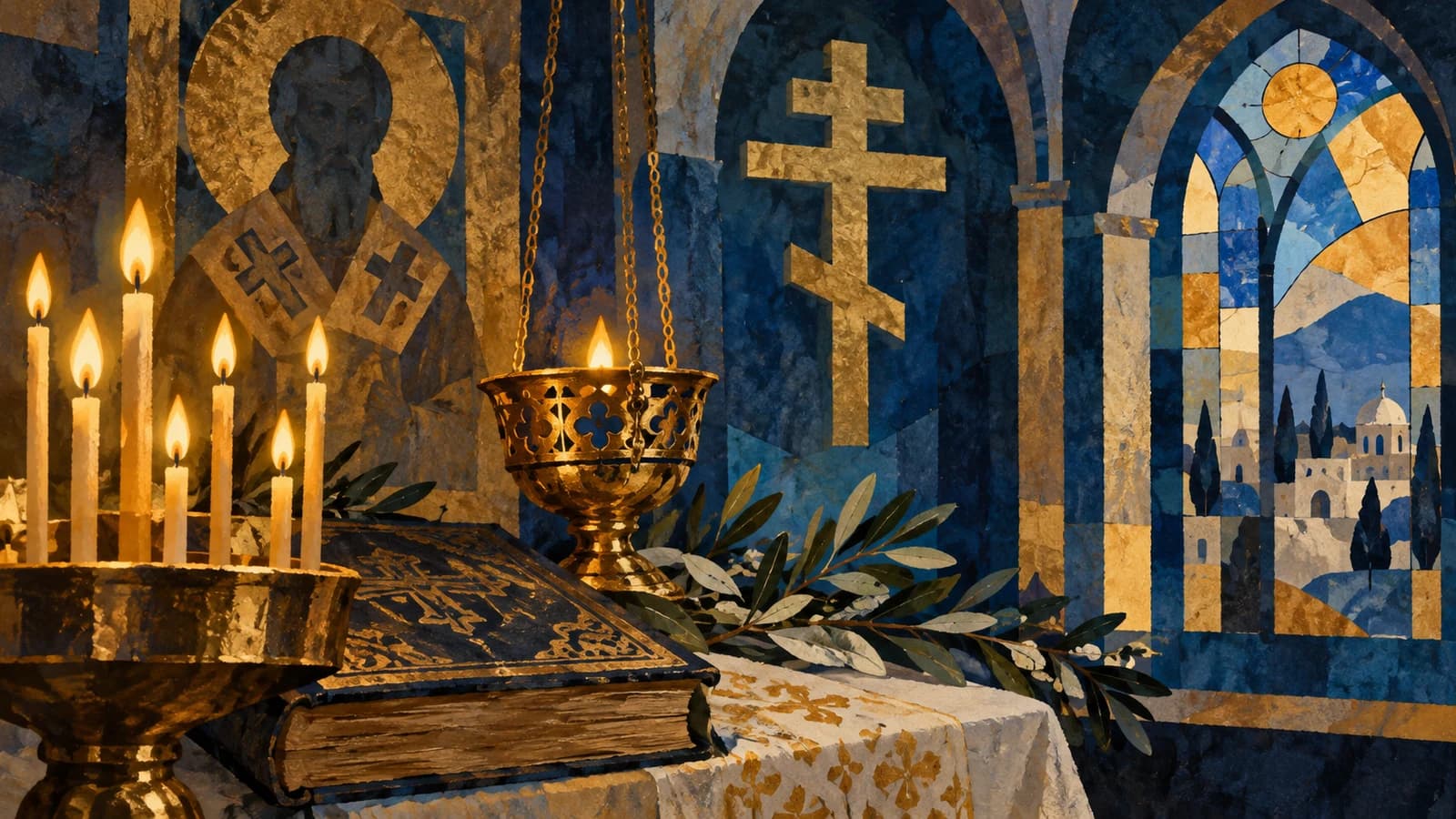 Conceptual editorial illustration for St. Nicholas Antiochian Orthodox Cathedral; not a documentary depiction of the establishment.