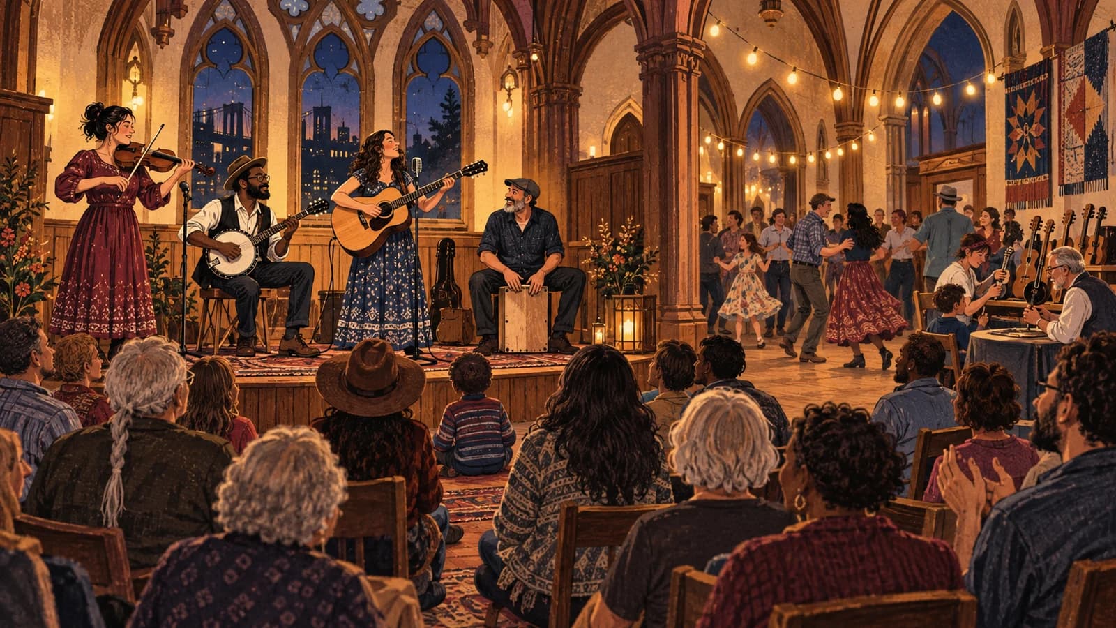 An acoustic folk ensemble performing for an all-ages audience inside a warmly lit Brooklyn Heights church