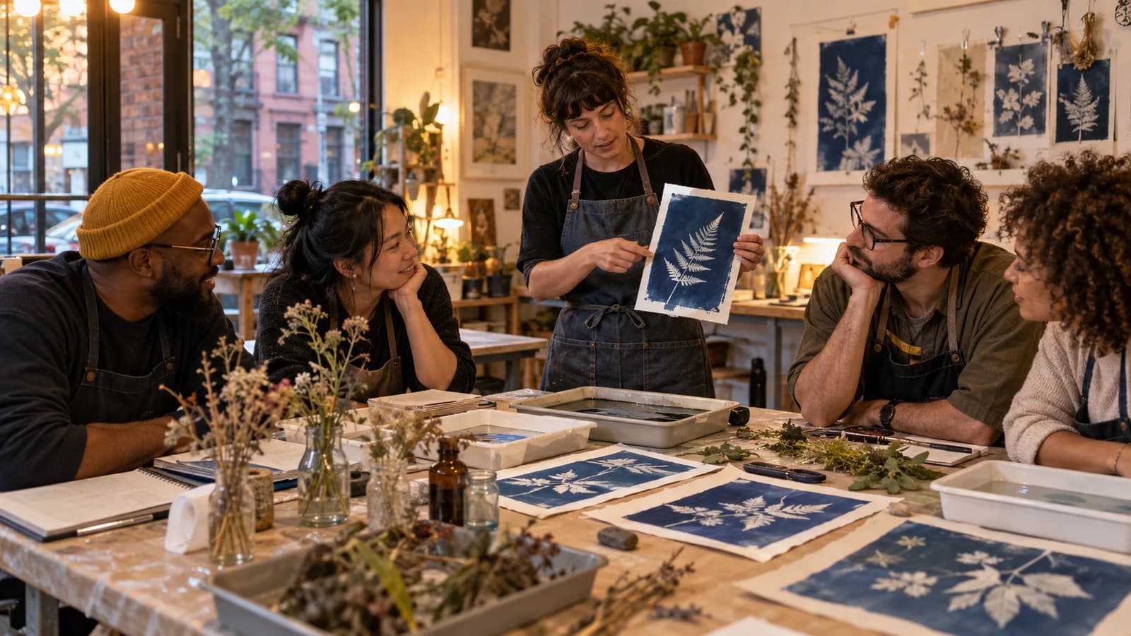 Original editorial image of adults learning cyanotype printing in a relaxed Prospect Heights classroom