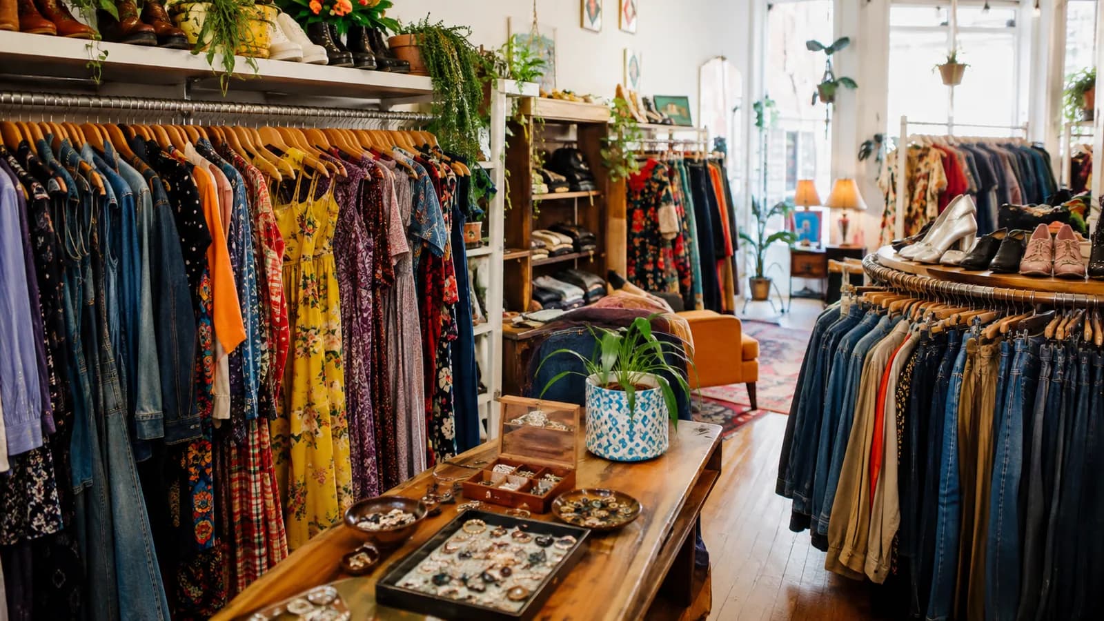 Colorful independent clothing boutique with dresses, denim, shoes, jewelry, and accessories