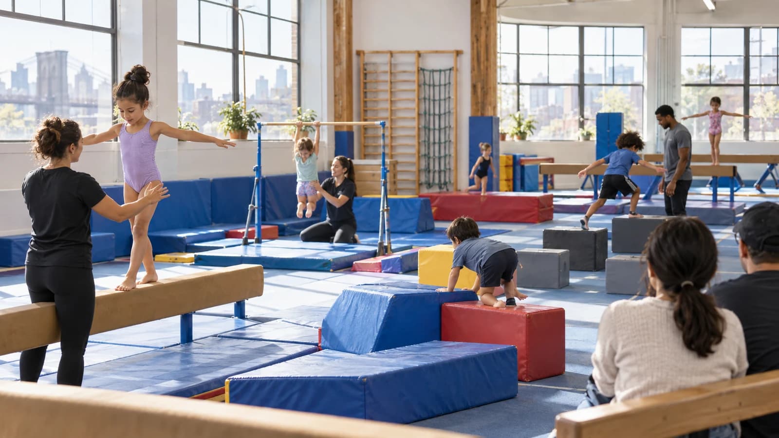 Original editorial scene of children practicing supervised beginner gymnastics at a bright neighborhood facility