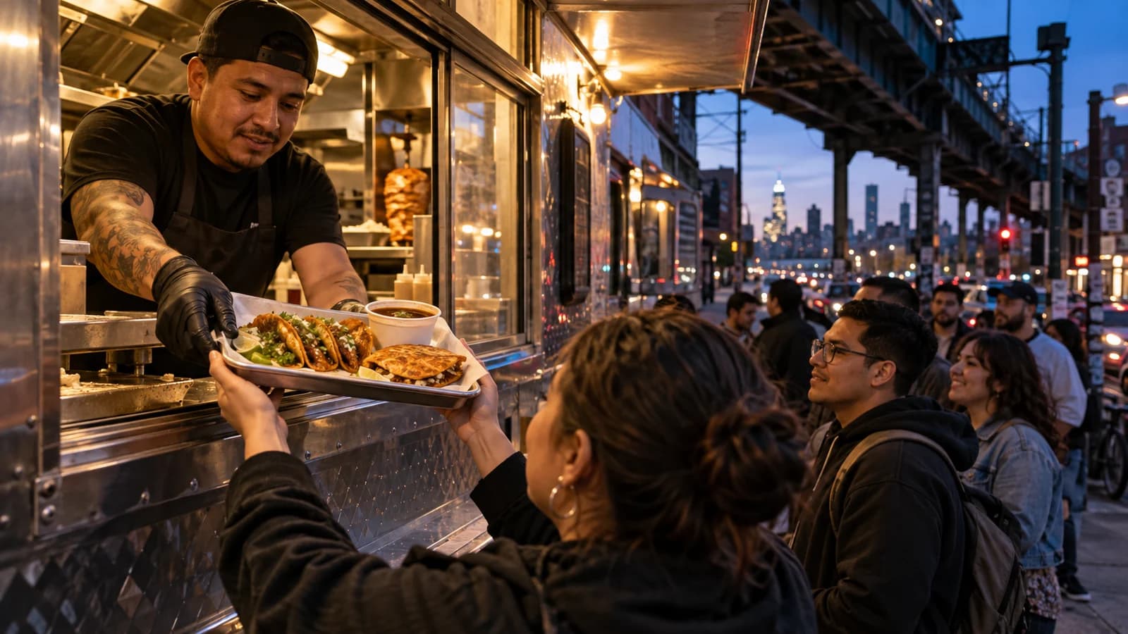 Original editorial image of a Williamsburg food-truck cook serving birria tacos, a mulita and consomé at dusk