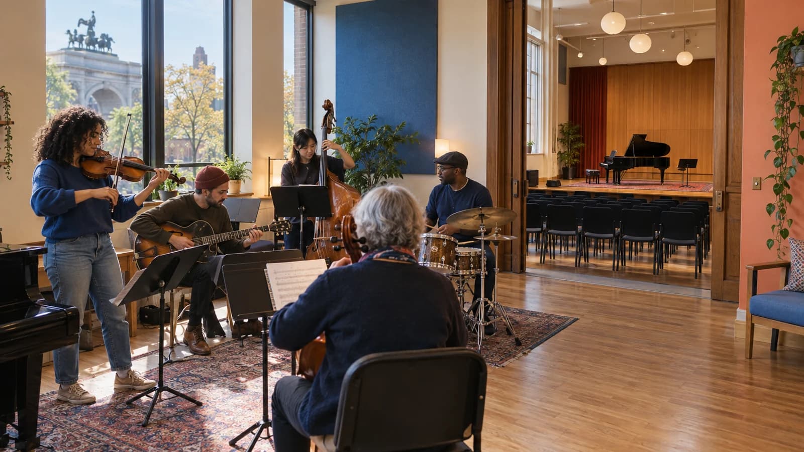 Original editorial image of musicians rehearsing in an accessible studio at a new Park Slope music campus
