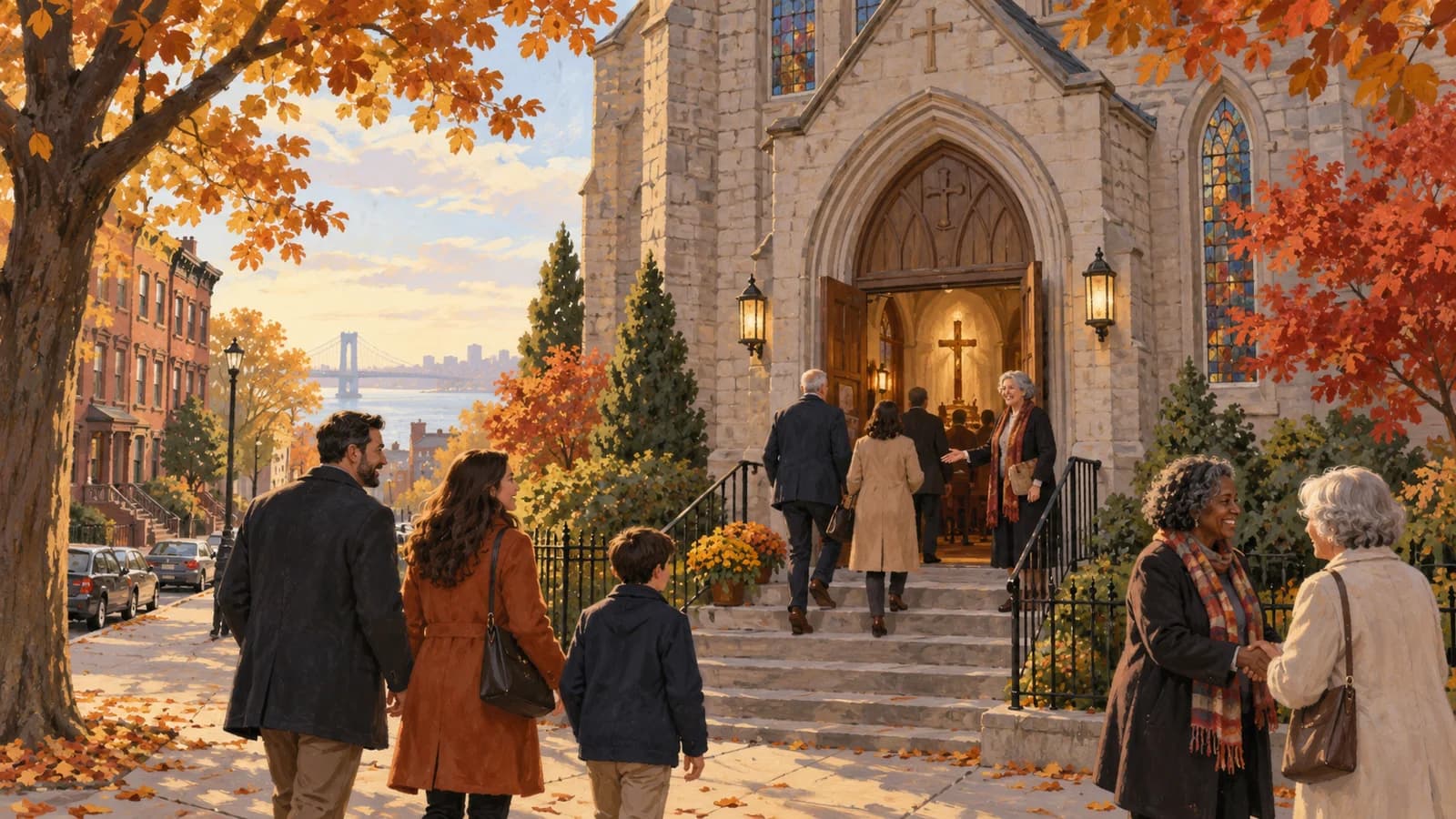 Conceptual editorial illustration of church planning in Brooklyn; not a documentary depiction of the venue.